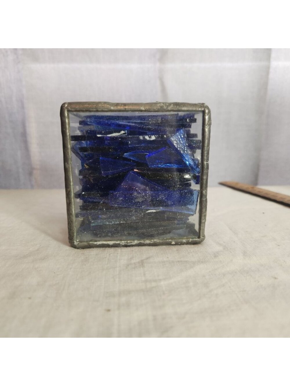 Handcrafted Crude Stained Glass Box With Cobalt Blue Shards & Leaded Edges Vinta